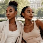 Zwei elegante dunkelhäutige Frauen im modernen Clean Girl Fashion und Beauty Stil im Stadtpark