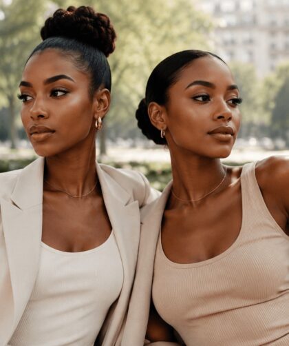 Zwei elegante dunkelhäutige Frauen im modernen Clean Girl Fashion und Beauty Stil im Stadtpark