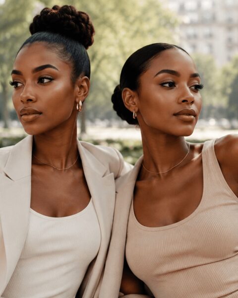 Zwei elegante dunkelhäutige Frauen im modernen Clean Girl Fashion und Beauty Stil im Stadtpark
