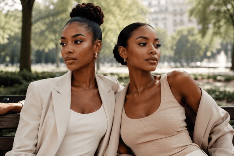 Zwei elegante dunkelhäutige Frauen im modernen Clean Girl Fashion und Beauty Stil im Stadtpark