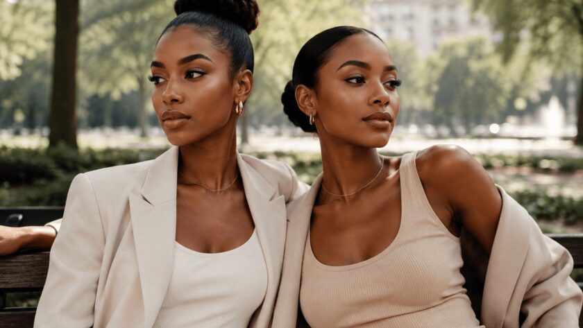 Zwei elegante dunkelhäutige Frauen im modernen Clean Girl Fashion und Beauty Stil im Stadtpark