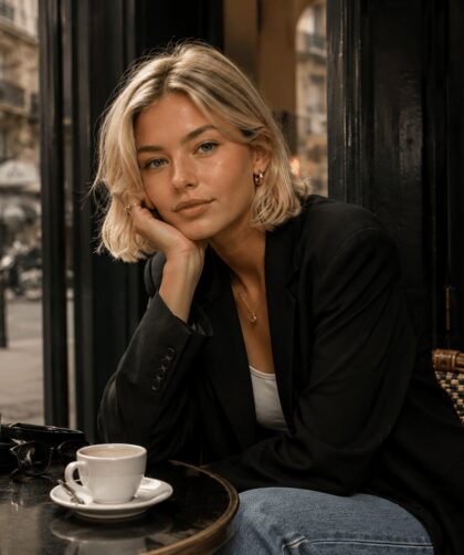 Junge Frau mit blondem Bob im modernen French Girl Fashion Stil in einem Pariser Straßencafé