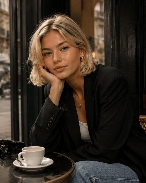 Junge Frau mit blondem Bob im modernen French Girl Fashion Stil in einem Pariser Straßencafé