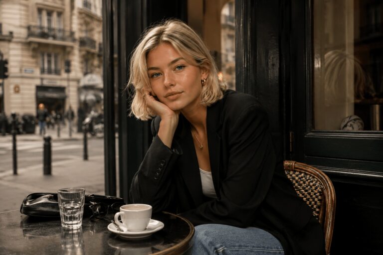 Junge Frau mit blondem Bob im modernen French Girl Fashion Stil in einem Pariser Straßencafé