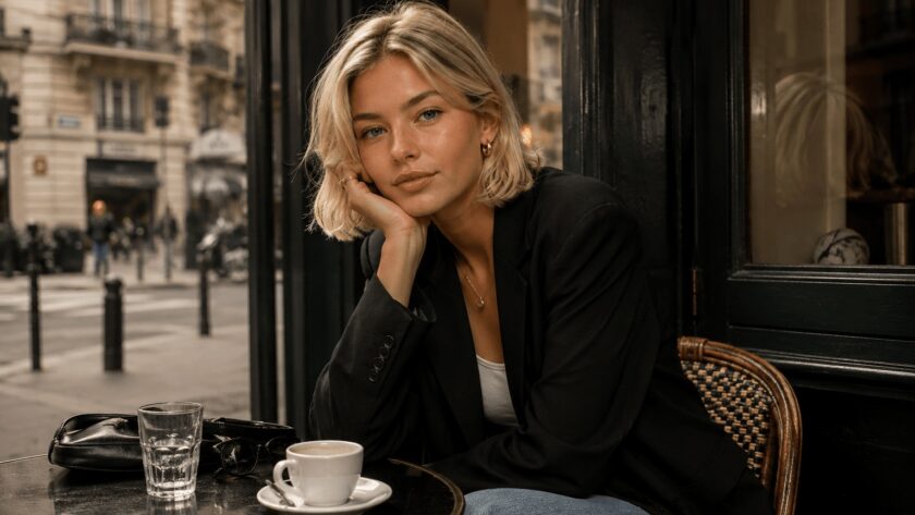 Junge Frau mit blondem Bob im modernen French Girl Fashion Stil in einem Pariser Straßencafé