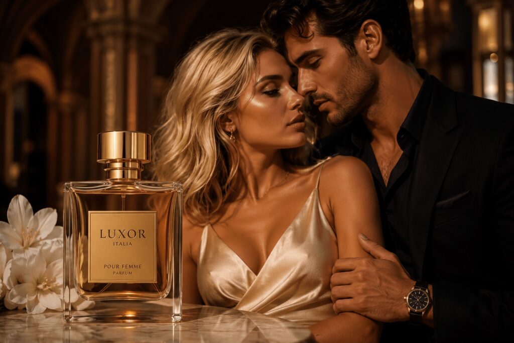 Luxuriöses italienisches Paar mit elegantem Parfum in moderner glamouröser Beauty Atmosphäre