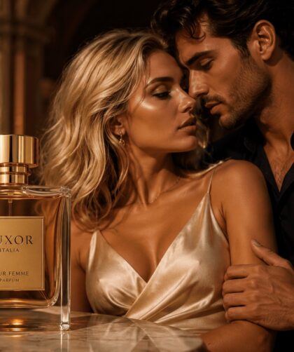 Luxuriöses italienisches Paar mit elegantem Parfum in moderner glamouröser Beauty Atmosphäre