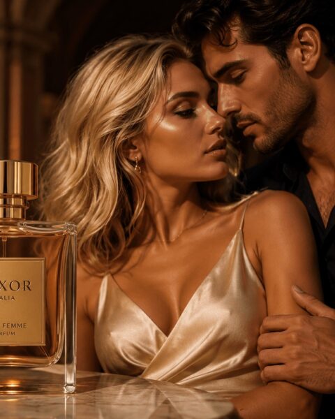 Luxuriöses italienisches Paar mit elegantem Parfum in moderner glamouröser Beauty Atmosphäre