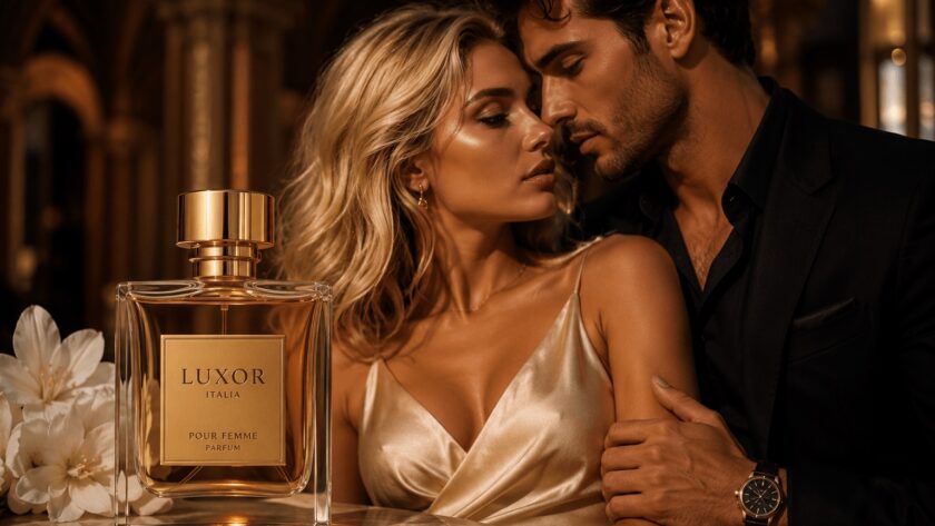 Luxuriöses italienisches Paar mit elegantem Parfum in moderner glamouröser Beauty Atmosphäre