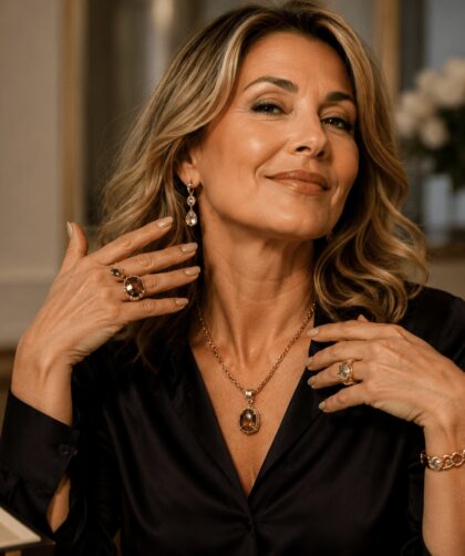 Elegante Frau präsentiert luxuriösen modernen Schmuck mit stilvoller glamouröser Ausstrahlung