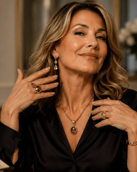 Elegante Frau präsentiert luxuriösen modernen Schmuck mit stilvoller glamouröser Ausstrahlung