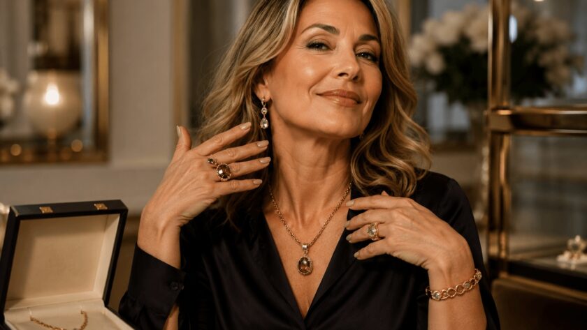 Elegante Frau präsentiert luxuriösen modernen Schmuck mit stilvoller glamouröser Ausstrahlung