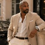 Eleganter dunkelhäutiger Mann im modernen Old Money Fashion Stil mit luxuriöser minimalistischer Ästhetik