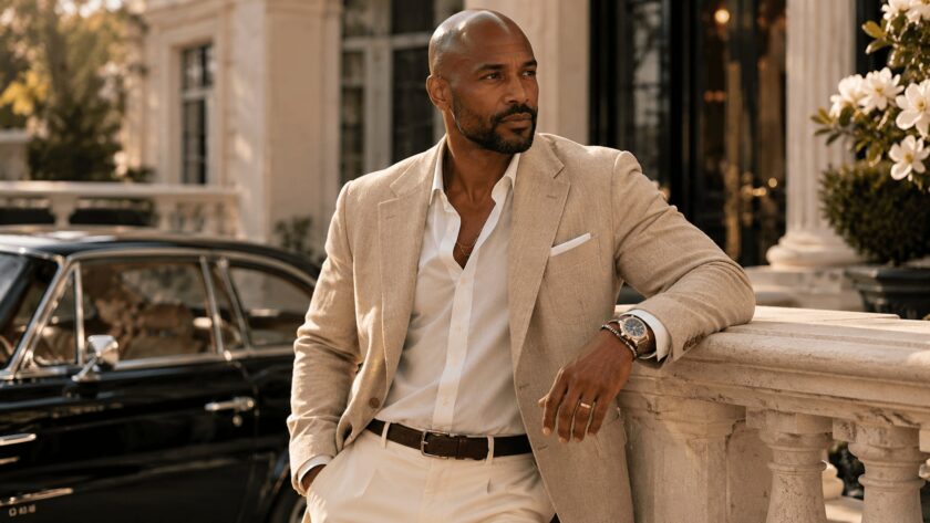 Eleganter dunkelhäutiger Mann im modernen Old Money Fashion Stil mit luxuriöser minimalistischer Ästhetik